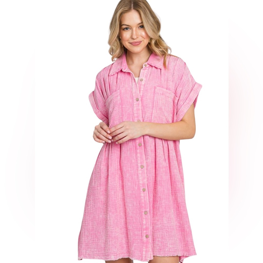 132. Women’s Pink Mineral Wash Cotton Gauze Dress NWT